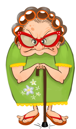 Abuela con vestido verde, rolos anaranjados, gafas rojas y bastón